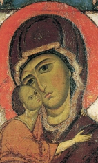 Богоматерь Белозерская (1200-1233) (фрагмент). Голова Богоматери с младенцем