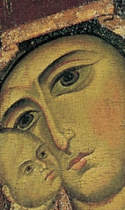 Богоматерь Белозерская (1200-1233) (фрагмент). Лицо Богоматери с младенцем