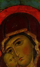 Богоматерь Белозерская (1200-1233) (фрагмент). Верхняя часть иконы