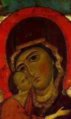 Богоматерь Белозерская (1200-1233) (фрагмент). Верхняя половина иконы