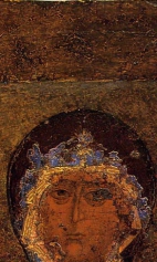 Богоматерь Знамение (1150-1169) (фрагмент). Верхняя часть иконы