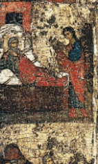 Илья пророк в пустыне, с житием и с деисусом (1250-1299) (фрагмент). Сцены жития на левом поле иконы