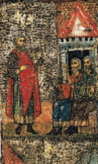 Илья пророк в пустыне, с житием и с деисусом (1250-1299) (фрагмент). Сцены жития на правом поле иконы