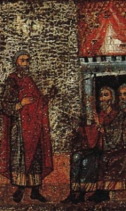 Илья пророк в пустыне, с житием и с деисусом (1250-1299) (фрагмент). Савах и священники