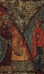 Илья пророк в пустыне, с житием и с деисусом (1250-1299) (фрагмент). Илья и вдовица