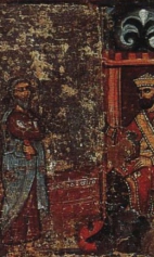 Илья пророк в пустыне, с житием и с деисусом (1250-1299) (фрагмент). Илья и Ахава