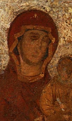 Богоматерь Максимовская (1299) (фрагмент). Голова Богоматери с младенцем