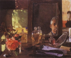 Сомов Константин Андреевич (1869-1939) , Автопортрет в зеркале , 1934 год  , бумага на картоне, акварель, гуашь
