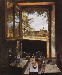 Сомов Константин Андреевич (1869-1939) , Окно - дверь - пейзаж (Открытая дверь в сад) , 1934 год  , картон, масло
