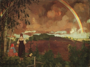 Сомов Константин Андреевич (1869-1939) , Пейзаж с двумя крестьянскими девушками и радугой , 1918 год  , холст, масло