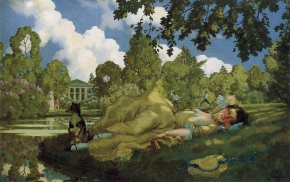 Сомов Константин Андреевич (1869-1939) , Спящая молодая женщина в парке , 1922 год  , холст, масло